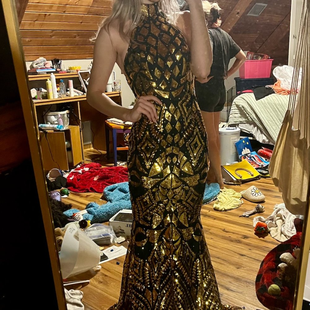 Sequined Black & Gold Halter Evening Gown